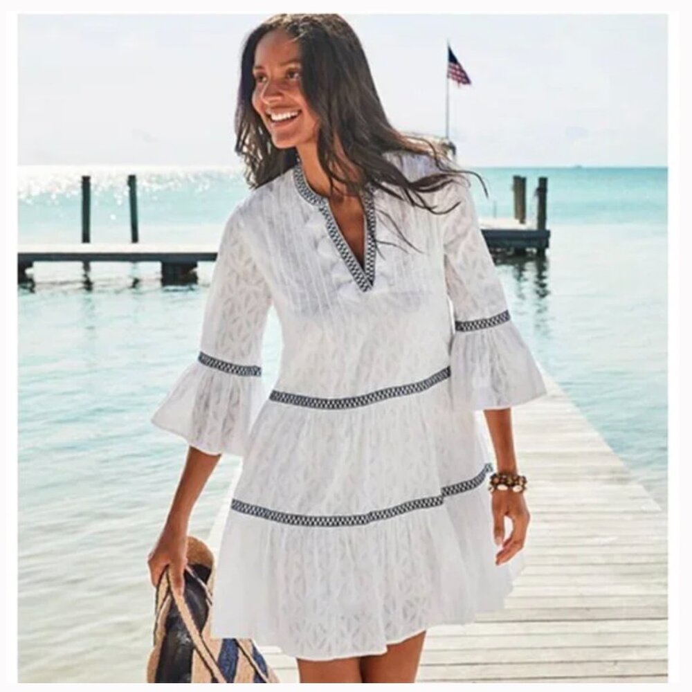 Tommy Bahama Cotton Clip Jacquard Embroidered Tier Dress In White SZ L